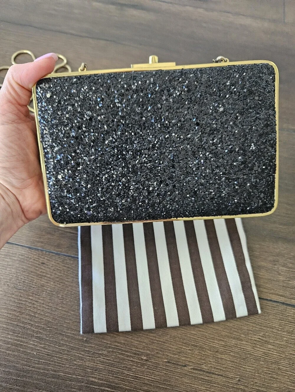 HENRI BENDEL Black Glitter Box Clutch Crossbody Evening Bag Gold Hardware +Dusty